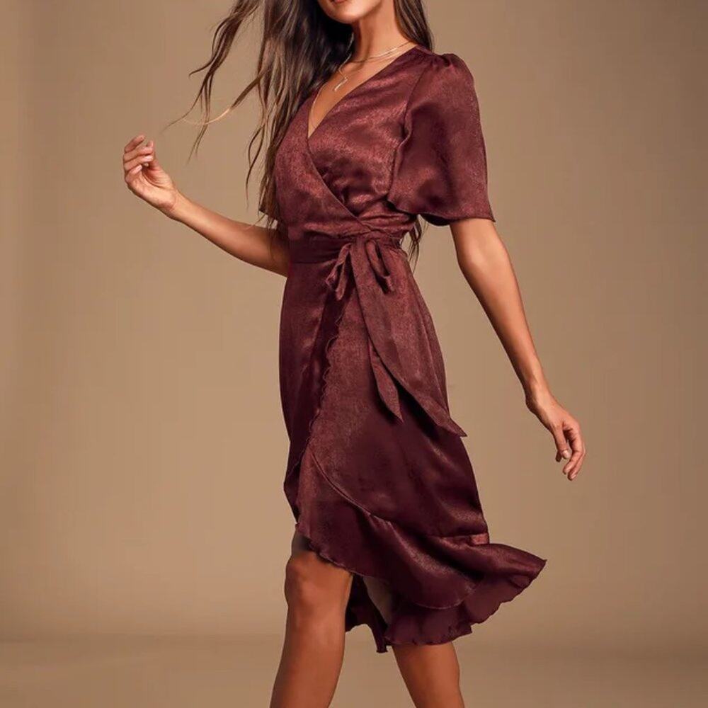 Lulu's Wrapped Up In Love Burgundy Satin Faux-Wrap Midi Dress